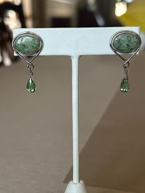 Artisan Green Agate and Crystal Sterling Post Drop Earrings
